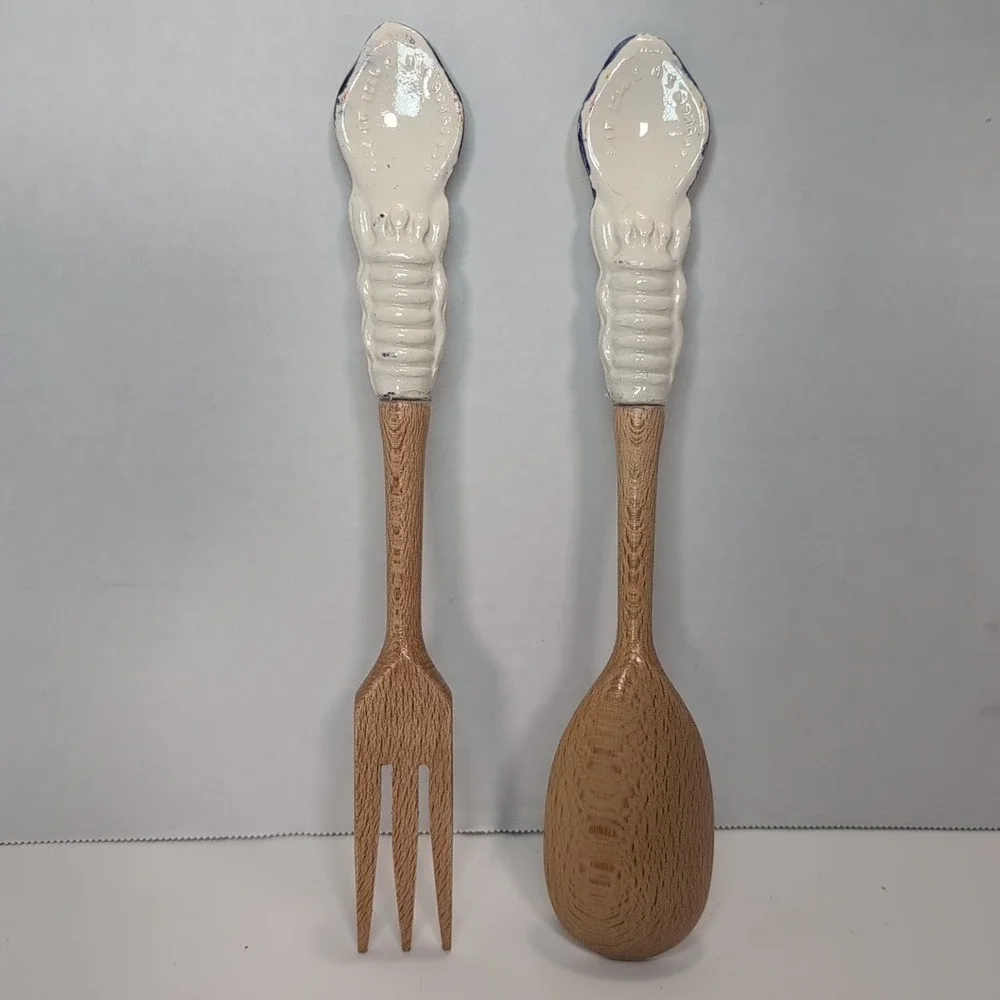 Assisi Serving Spoon & Form Wooden Ceramic HAndle Blue Sunflower Floral Folk Art